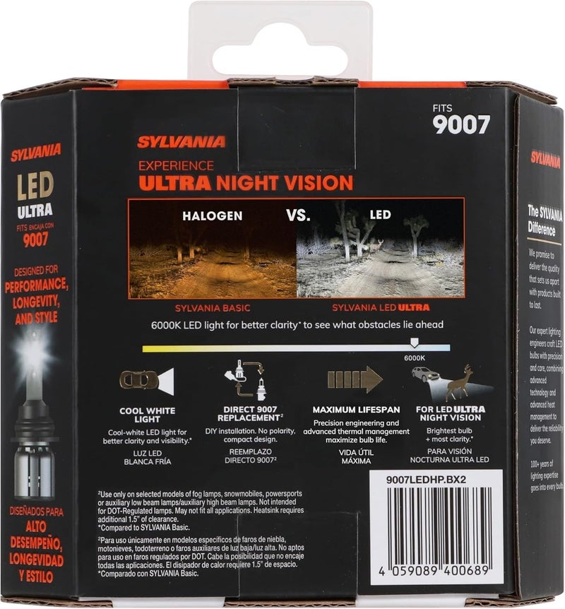 Sylvania 9007 مصابيح ضباب LED فائقة للسيارات والشاحنات - لمبات المصابيح الأمامية للرياضات الخارجية - ضوء LED أبيض بارد 6000 كيلفن - أقصى عمر افتراضي - بدون قطبية - ترقية DIY - Image 2